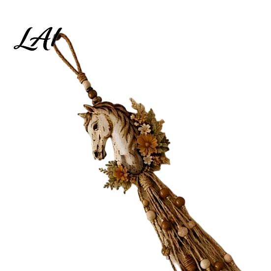 Unique Horse Head Craft Gift Farmhouse Wall Decor Boho Hanging Ornament with Wood Beads Natural Flax Rope Art Tassels Rustic for Living Room