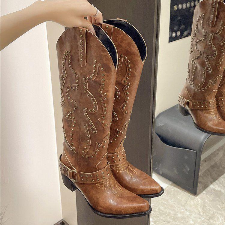 Fashion Women's Knee-high Boots Retro Rivet Design High Tube Boots Fashion Pointed End Chunky Heel Long Boots Western Cowboy Knight Boot