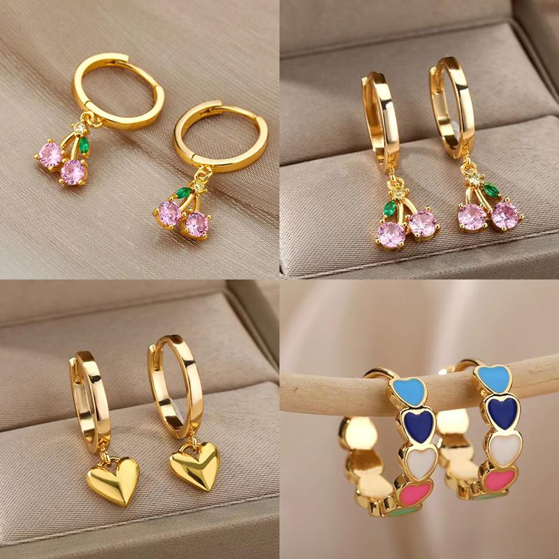 Crystal Fruit Cherry Drop Earrings For Women Stainless Steel Pink Cherry Earring Femme Fairy Fashion Boho Jewerly Gift