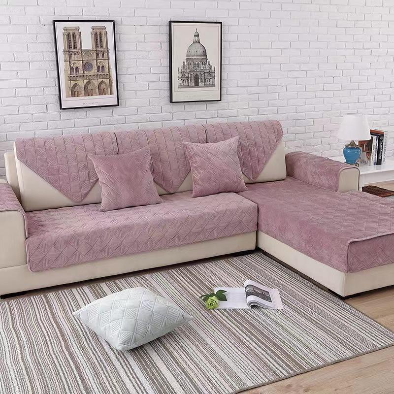 Short Plush Grey Color Sofa Towel European Brief Thicken Quilted Sofa Cover Slip Resistant European Couch Cover for Living Room