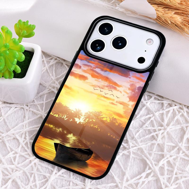 Palm Tree Boat Sunset Shockproof Phone Case for iPhone 17 Air 16e 15 11 12 14 13 Pro Max Cover Coque