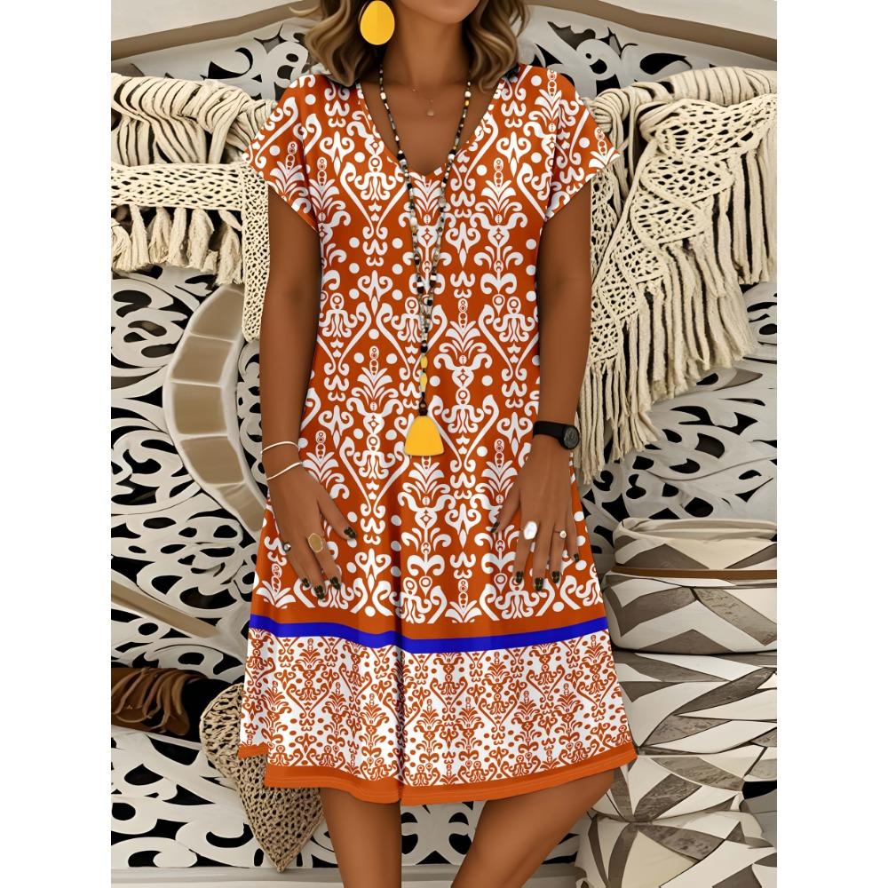 Women's Casual V Neck Short Sleeve A Line Print Dress Blue Leaf Pattern White Background Summer Dress 2024 New Fashion