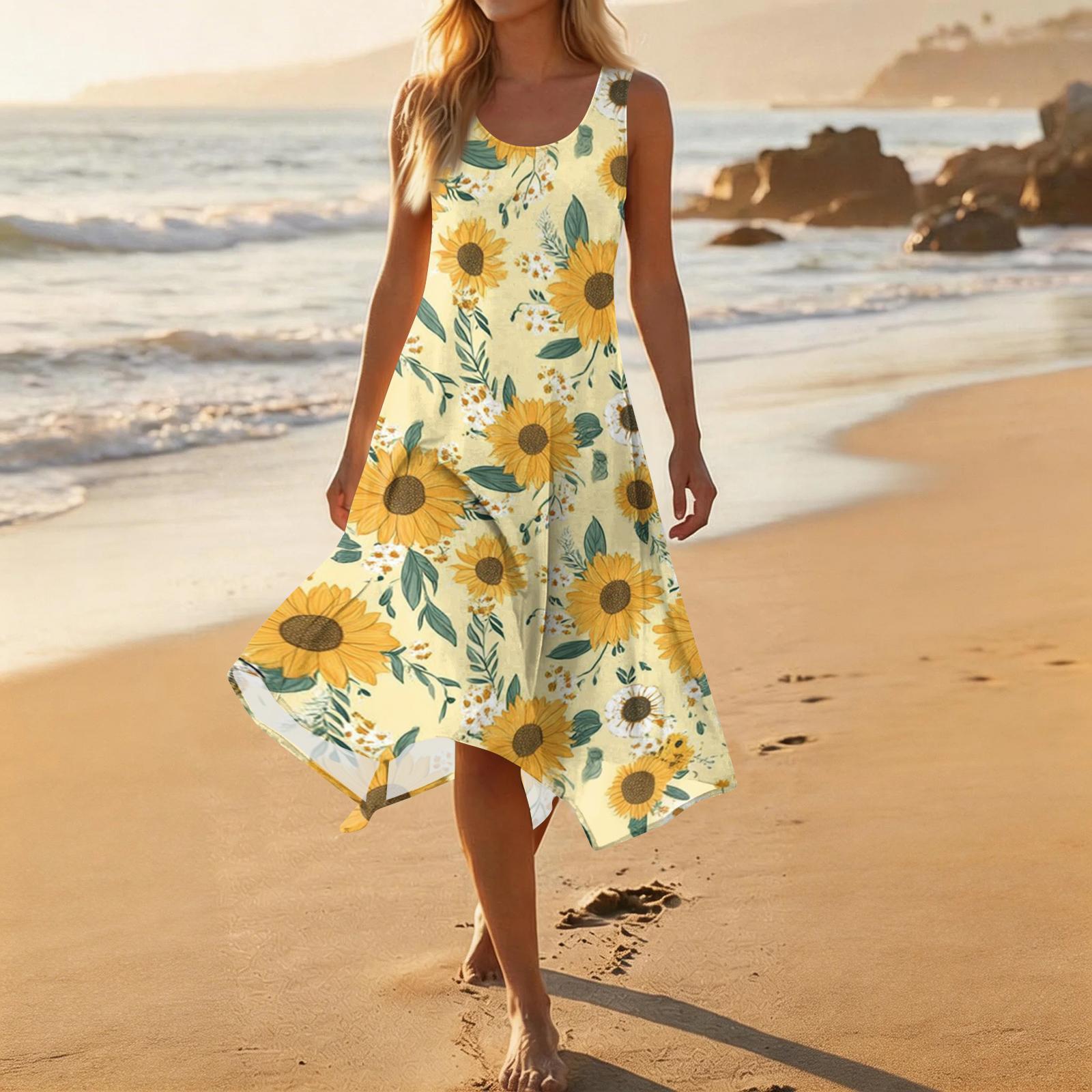 

Sleeveless Floral Print Midi Dress for Women Casual Fit and Flare Summer Sundress Soft Lightweight Fabric Handkerchief Hem XXL золотой