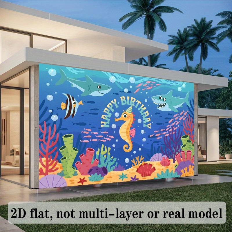 Underwater Birthday Banner, Shark Turtle Coral Backdrop Wall Decor for Party
