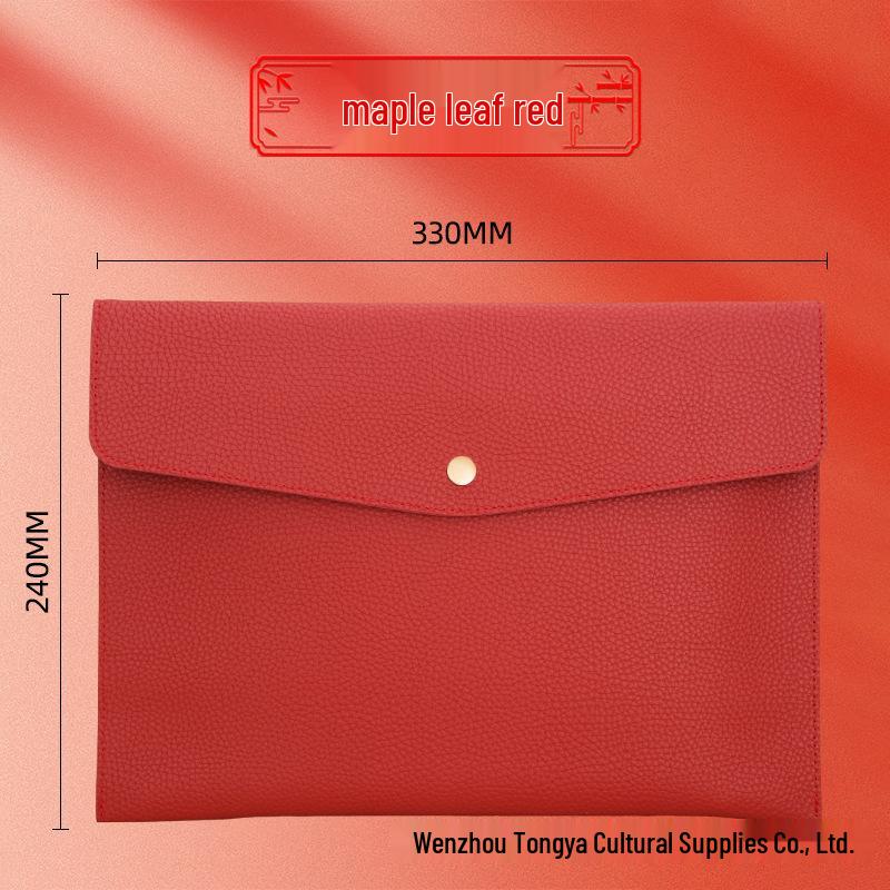 A4 Litchi Grain Waterproof Leather Briefcase with Snap Button - Large Capacity, Thickened Document Storage Bag for Business Office. A4 Document Bag красный