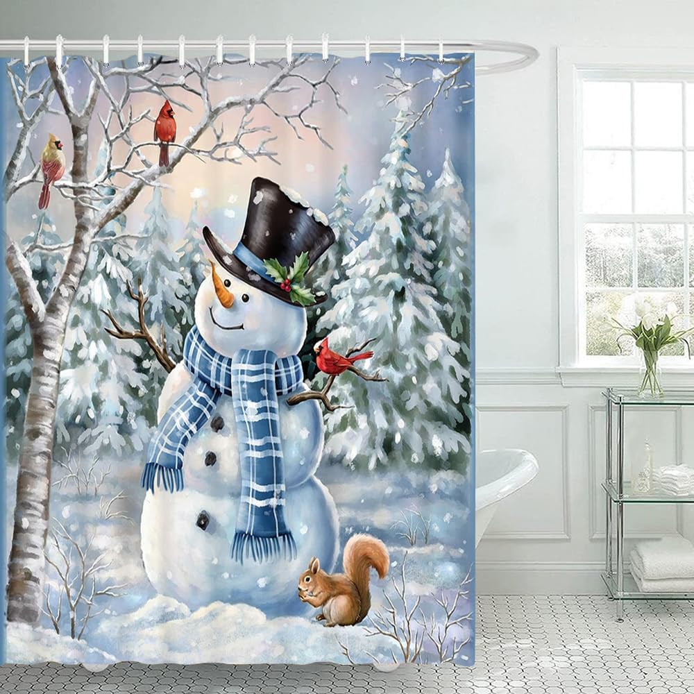 Winter Snowman And Cardinals Shower Curtain Christmas Wonderland Trees Holiday Bathroom Curtain For Decor Waterproof Fabric Sets