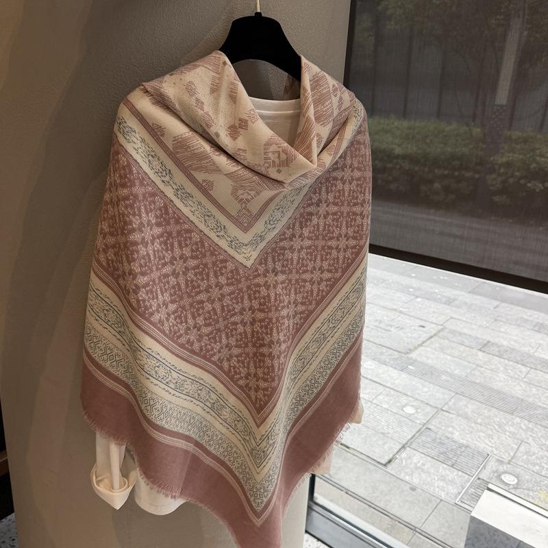 Ethnic Style Retro 130 Large Square Scarf Female Travel Photo Scarf Thin High-End Air-Conditioned Room With Pink Shawl