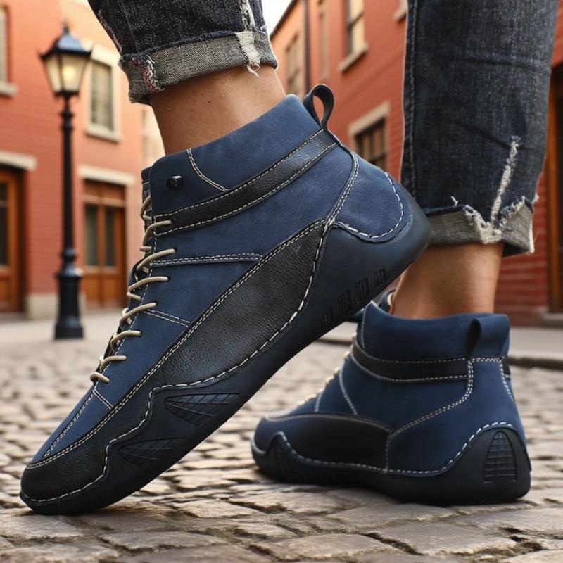 Men's High Top Casual Shoes Handmade Leather Spring/summer New Item Color Blocked Soft Sole Walking Shoes Breathable Bare Boots