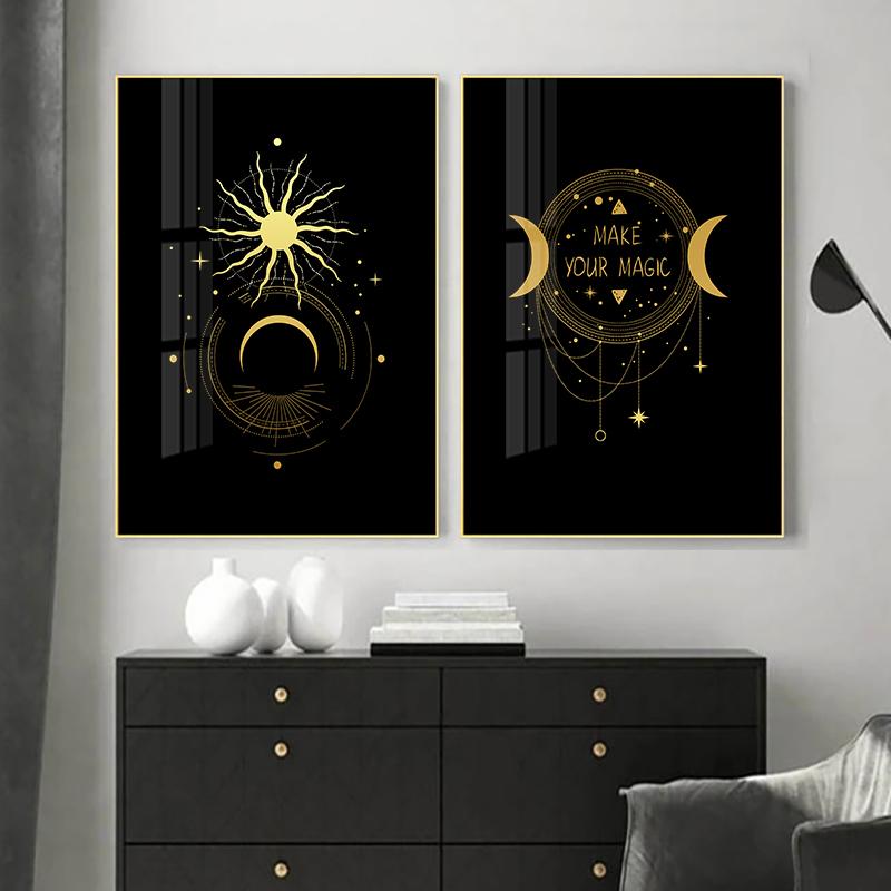 Nordic Boho Black Gold Sun Moon Star Canvas Painting Poster Print Modern Home Decor Abstract Wall Art for Living Room Decoration