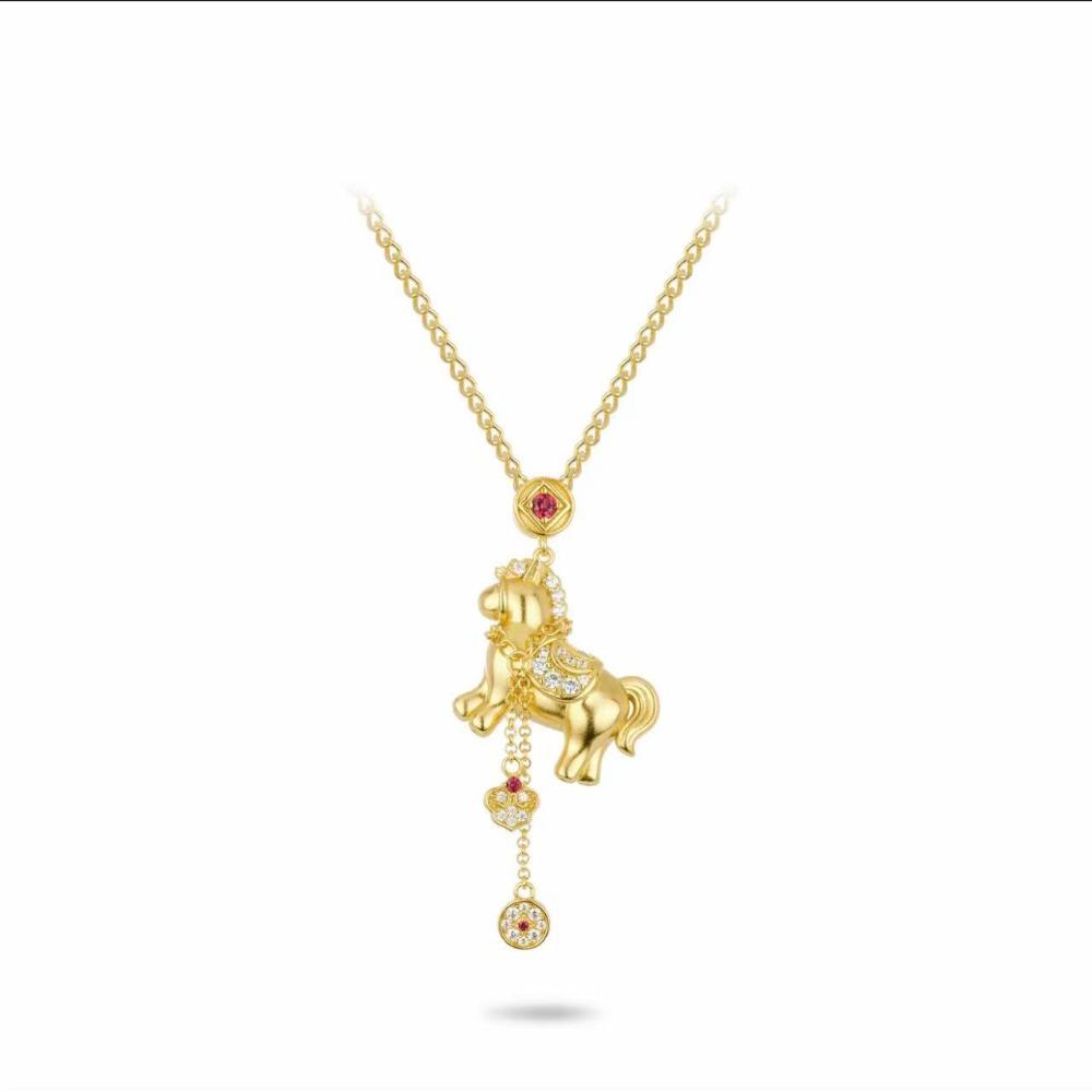 Brass Plated Real Gold Coin Horse Pendant Necklace with Diamond Studs and Fringe for Zodiac Year of Horse