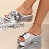 Fashion Floral Gold Silver Sandals Women Slip On Wedge Heels Pearl Sandalias Mujer Summer 2025 Soft Sole Platform Slippers Shoes Woman
