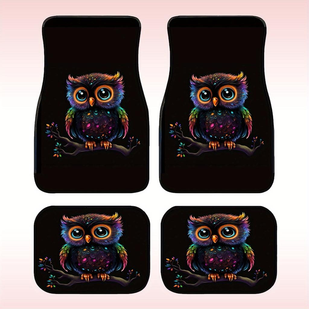 4pcs Set of Owl-Themed Car Floor Mats, Suitable for Protecting All Vehicle Front And Rear Seats, with Anti-Slip Base, Easy-To-Clean Interior Car