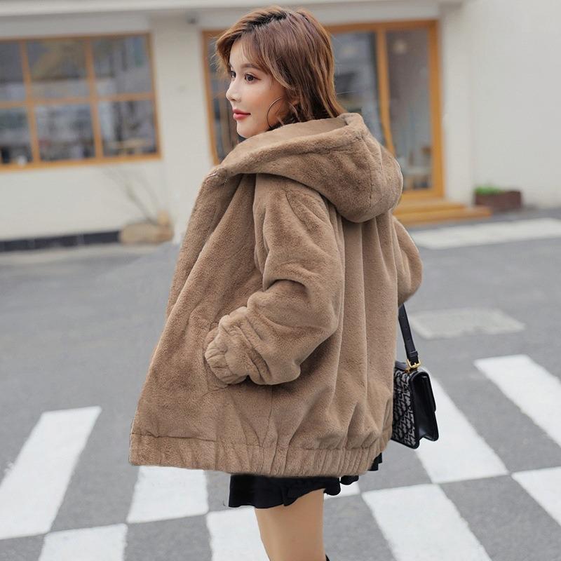 Autumn and winter imitation fur jacket women's hooded casual plush loose fashion baseball jersey imitation mink