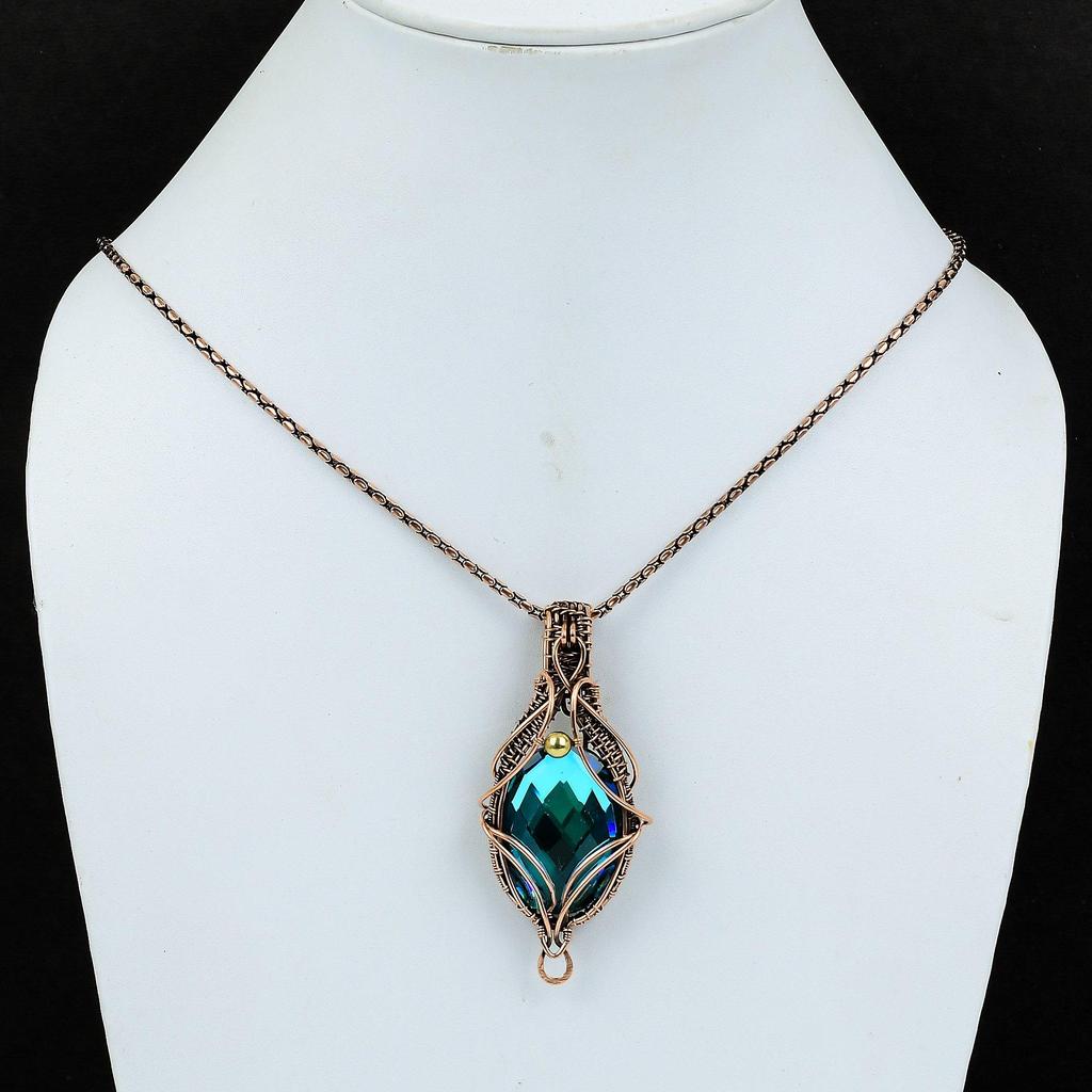 Blue Mystic Topaz Gemstone Handmade Pure Copper Wire Wrapped Pendant Jewelry