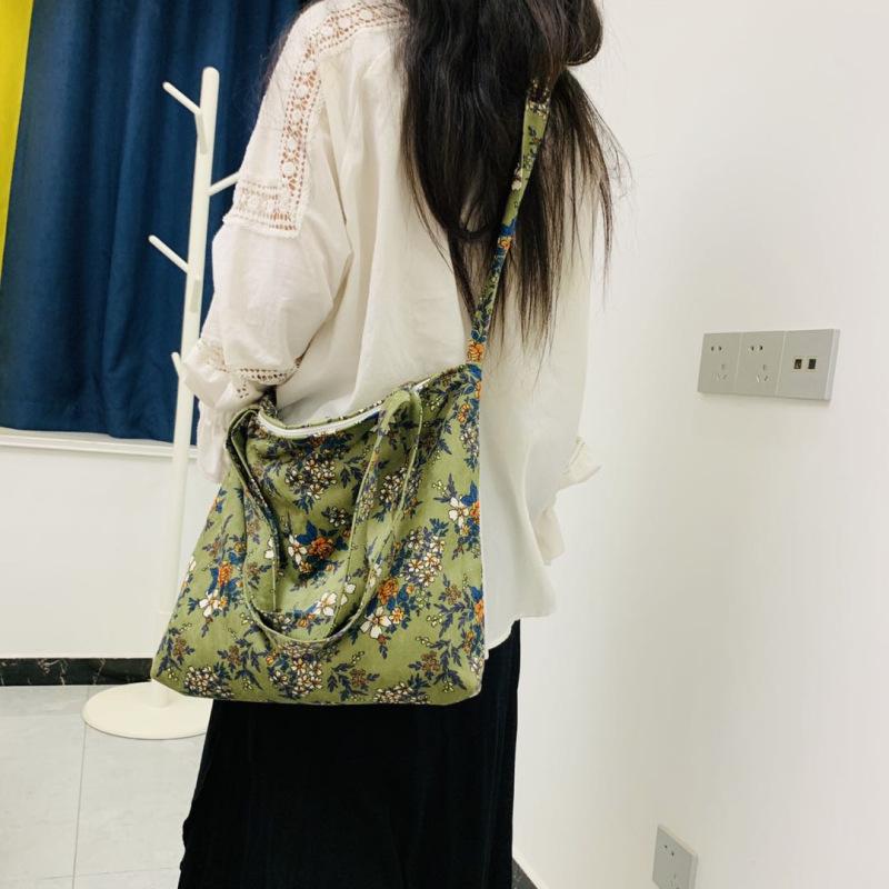 Fashion Retro Floral Print Bag Large-Capacity Corduroy Shoulder Bag Casual Small Fresh Canvas Crossbody Bag