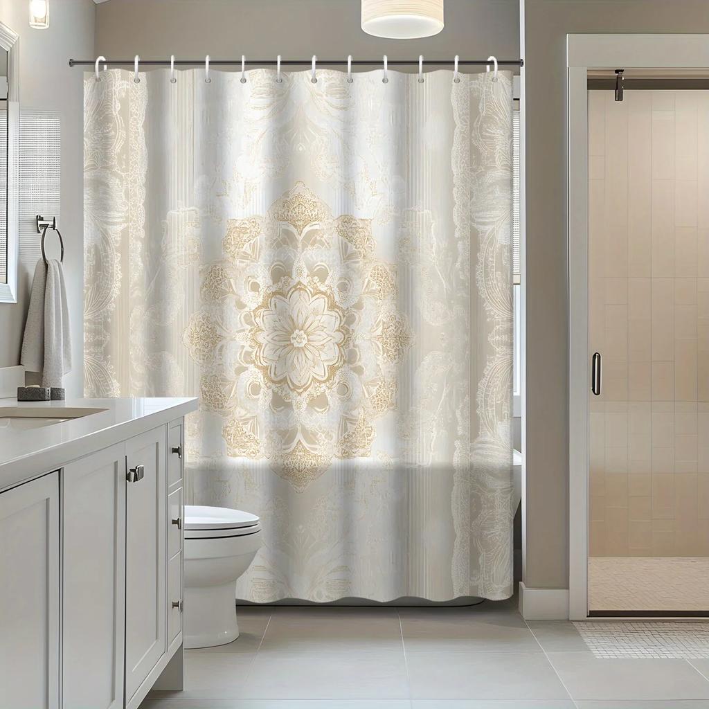 1pc Bohemian Style Golden Yellow Mandala Pattern Printed Shower Curtain, Polyester Fabric with 12 Hooks, Bath Curtain and