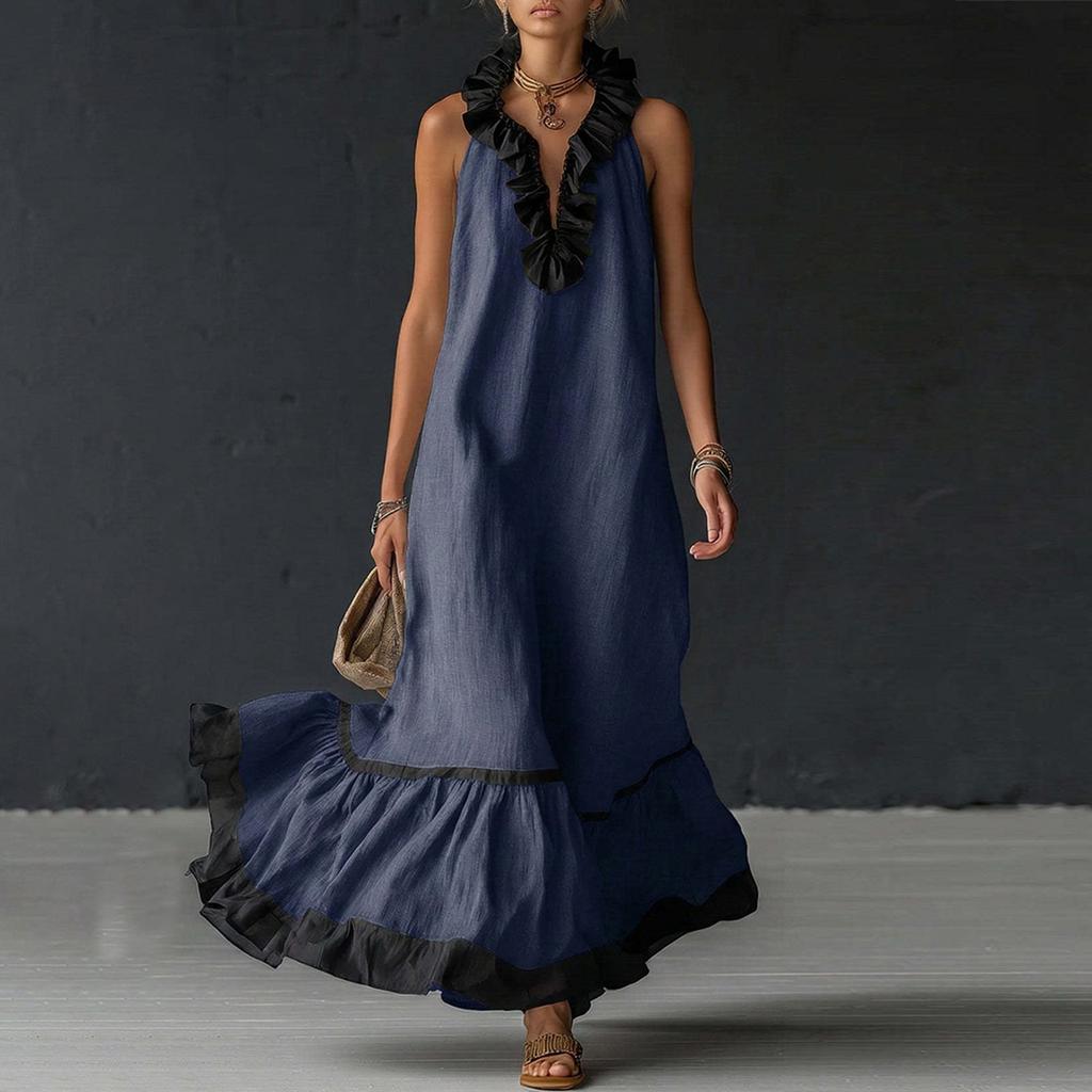 Women's Fashionable Color Round Neck 3/4 Sleeved Cotton Linen Casual Vacation Loose Long Dress