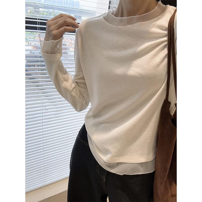 

Korean Style Patchwork Lace Long Sleeve Brushed T-shirt for Women - Autumn/Winter Versatile Casual Top L off білий колір