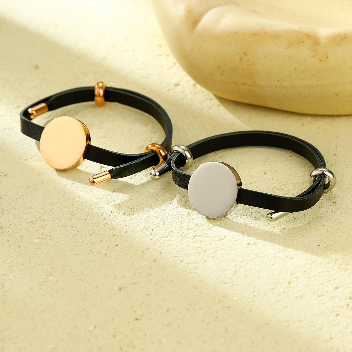 GEMCHIC Women s Round Leather Bracelet with Stainless Steel Disc, DIY Laser Engraving Custom Bangle, Fashion Geometric Wristband Gift
