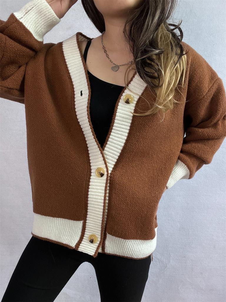 New Autumn and Winter Contrasting Cardigan Sweater, Street Style Loose Knit Sweater 3566 EMA