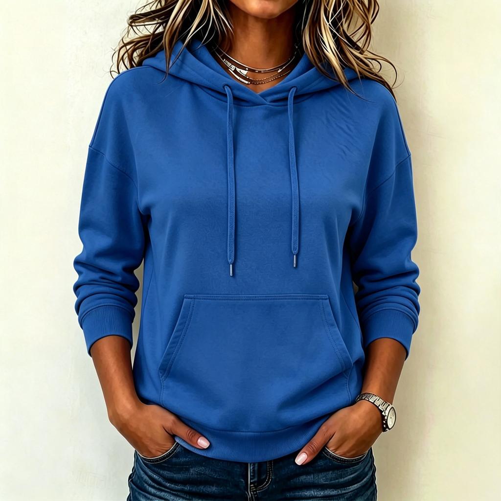 Women's Fashion Long Sleeve Hoodie Pullover Sweatshirt Solid Color Pocket Casual Pullover Sweatshirt with Drawstring Hood and Front Pocket