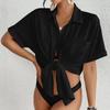 Women's Fashion Color Collar Button Loose Pocket Short Sleeve Long Shirt Top