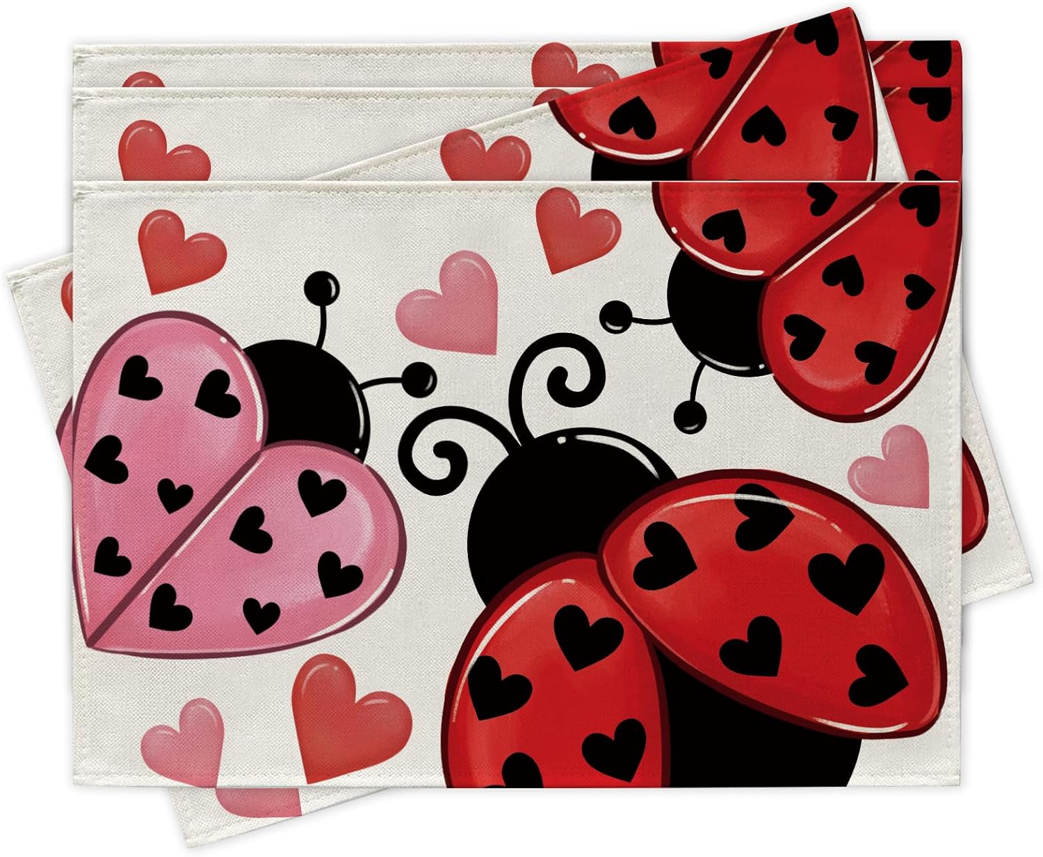 

Valentines Day Ladybug Placemats Set of 4, Pink Red Love Hearts Dining Place Mats Table Decor 4Pcs