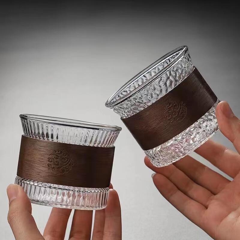 JUNSHIQI DU Japanese Striped Glass Teacup with Wood Ring