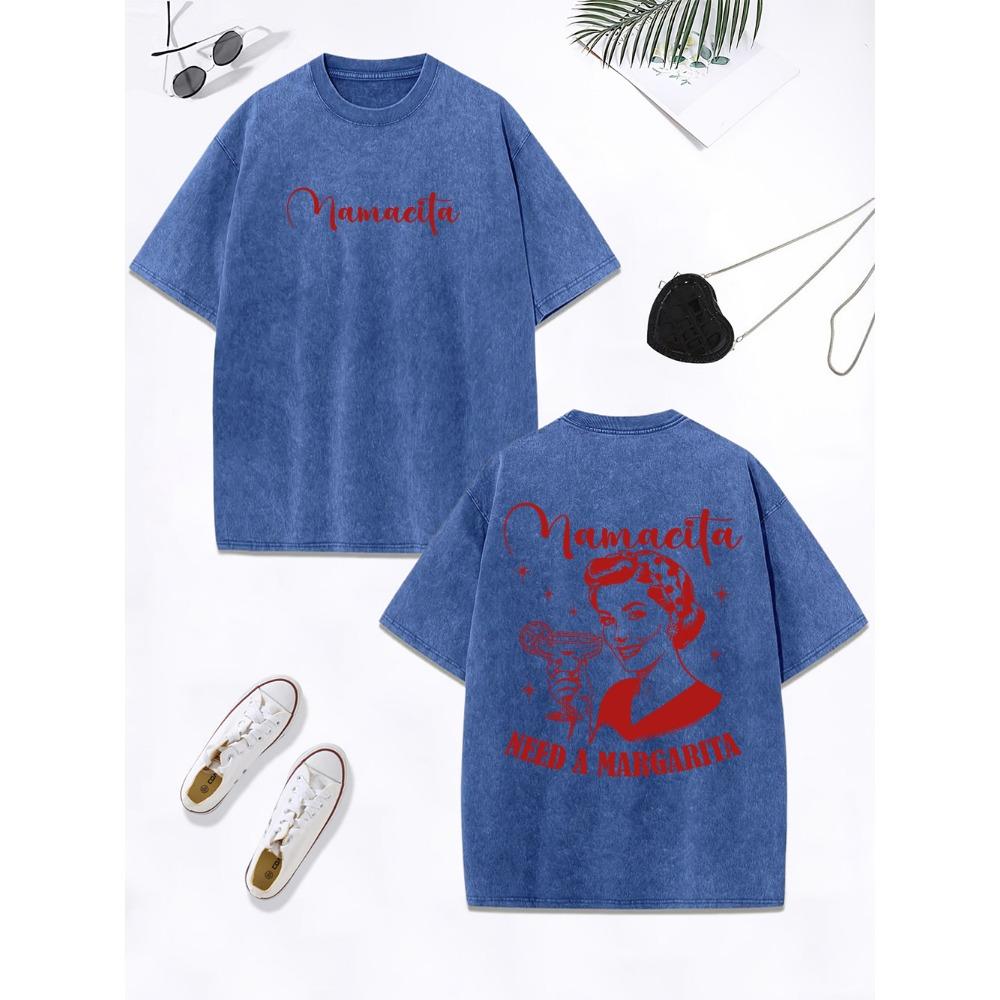 Mamacita Needs A Margarita Lemon Printing Washed T-Shirt Women Cotton Oversize Tops Distressed O-Neck T Shirt Clothes