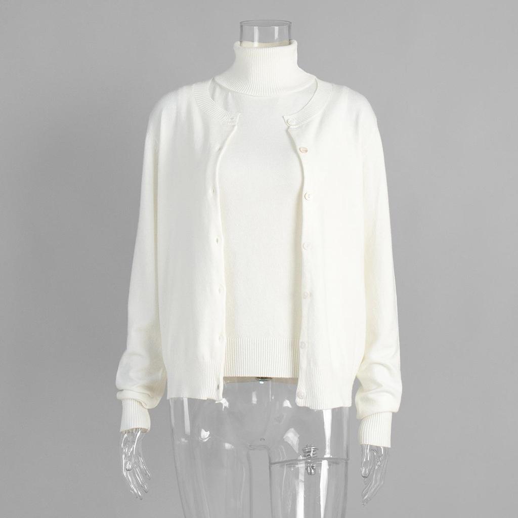 European-American High Neck Knit Sweater Cardigan Set for Spring/Autumn 2026 - Women's Long Sleeve Top + Cardigan