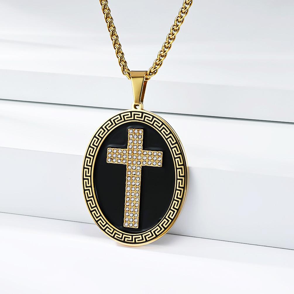 Vintage Trend Round Brand Cross Necklace Men's Hip-Hop Literary Paper Pattern Niche Premium Titanium Steel Pendant