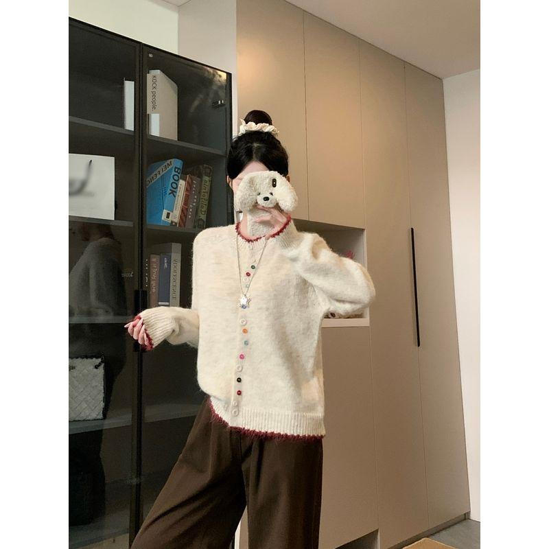 Kumikumi Sweet Chic Color Button Sweater Outwear Female Autumn Loose Slim Looking Niche Style Anti-Aging Top