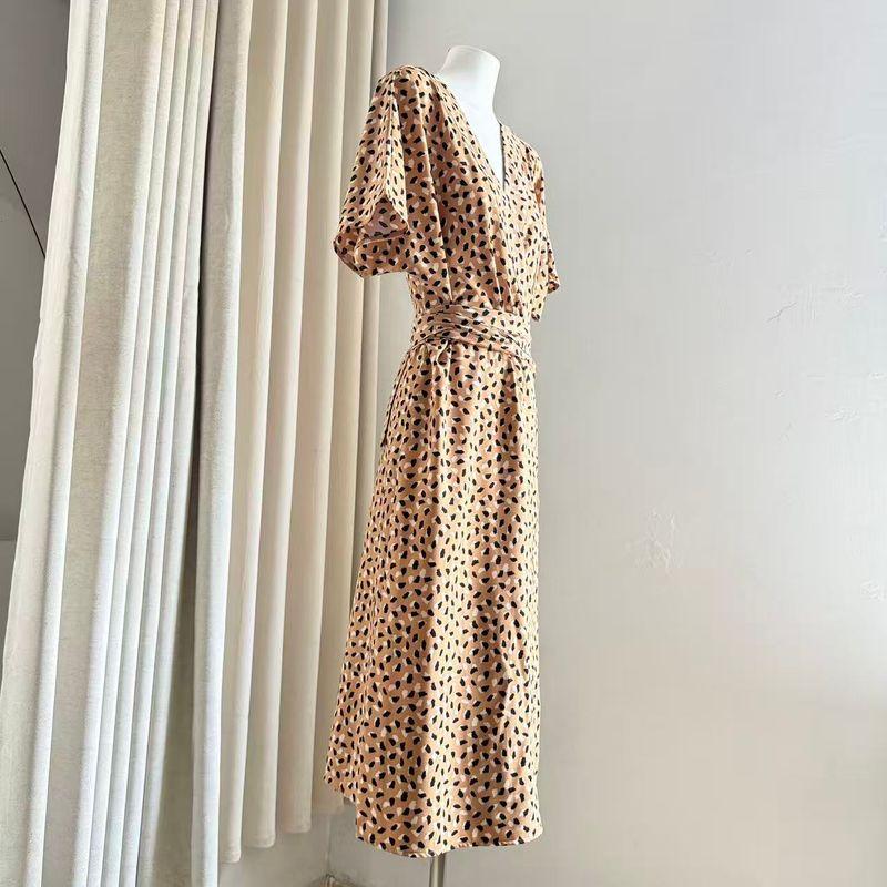 

Spot Print Short Sleeve One Piece Slim Dress Earthy yellow 14