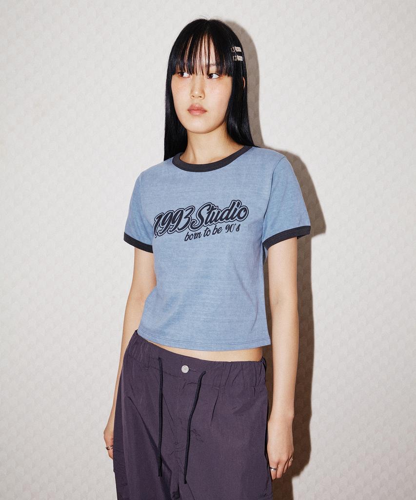 1993STUDIO Lettering Ringer Crop T-Shirt_Vintage Blue