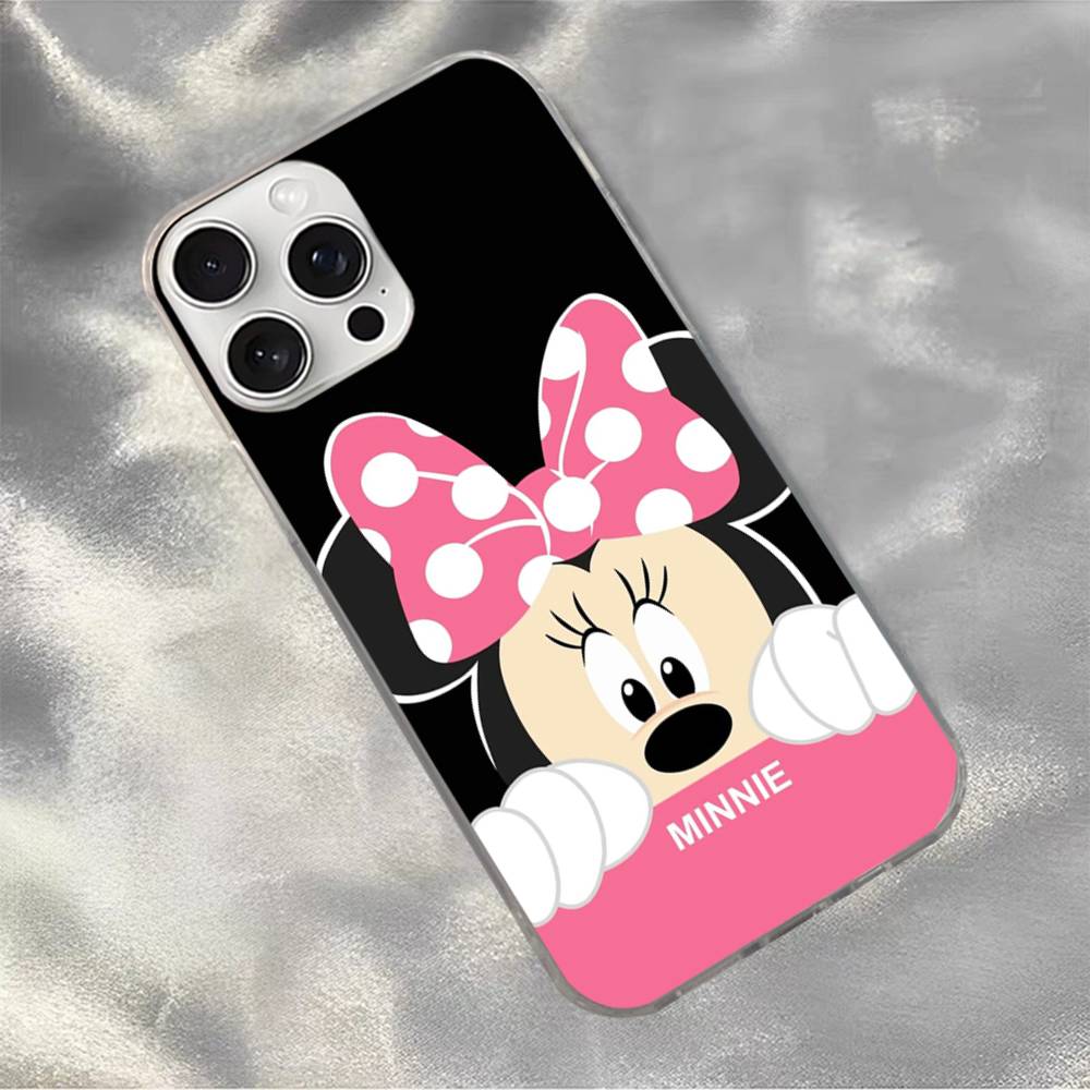 

M-Minnie M-Mickey Silver Gradient Pleated Water Ripple Phone Case for IPhone 17 16 15 14 13 12 11 Pro Max iPhone 15 plus