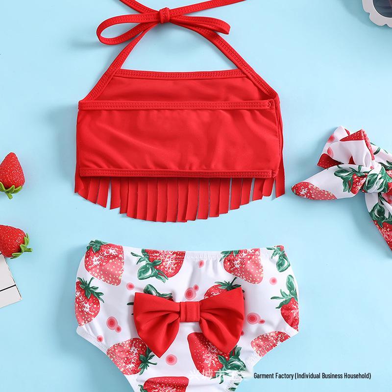 

2024 Summer Girls Baby 3-Piece Tassel Halter Sports Swimsuit Set 80 красный