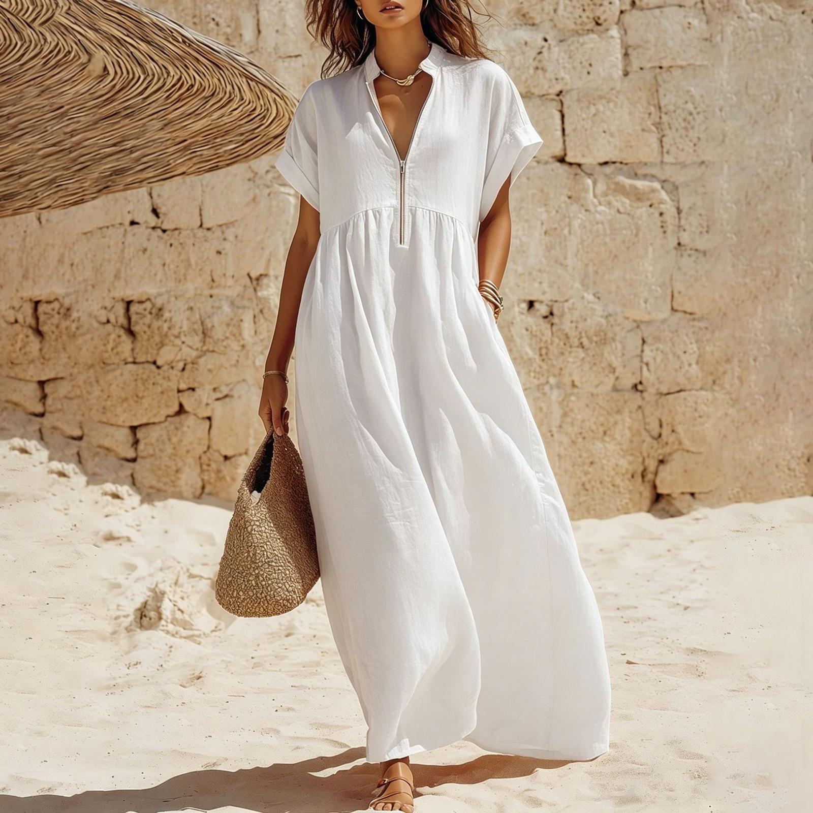 

Women s Stylish And Casual Zip-up Short-sleeved Long Dress XL білий