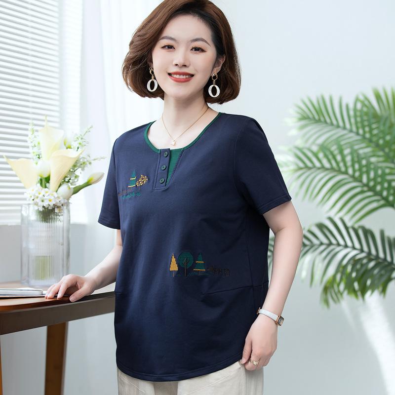 

Женская летняя хлопковая блузка 2025: Омолаживающая, свободного кроя, футболка с коротким рукавом для женщин L темно-синий