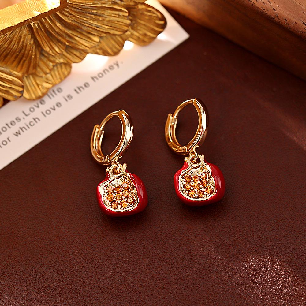 Festive Red Pomegranate Zircon Pendant Necklace & Enamel Bracelet with High-End Earrings Set