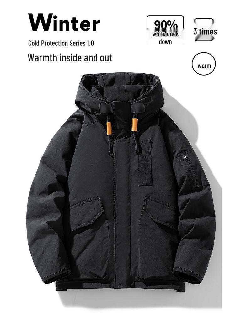 Men's Winter White Duck Down Jacket - Trendy, Loose Fit, Multi-Pocket Workwear Style