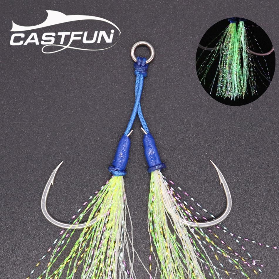 Jigging Pro Top Quality Carbon Steel Shore Jigging Double Assist Hooks With Bait 1# 1/0 2/0 3/0 4/0 Holder Hooks Shape (Blue,1#) синий