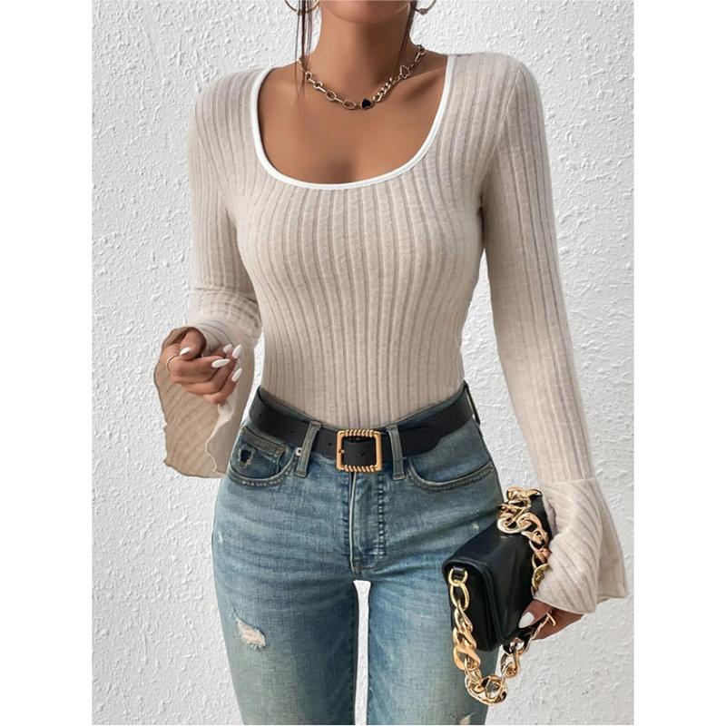 

Осенние футболки Женские Повседневные Однотонные В рубчик С длинными рукавами-клеш Квадратный вырез Облегающие Базовые футболки S