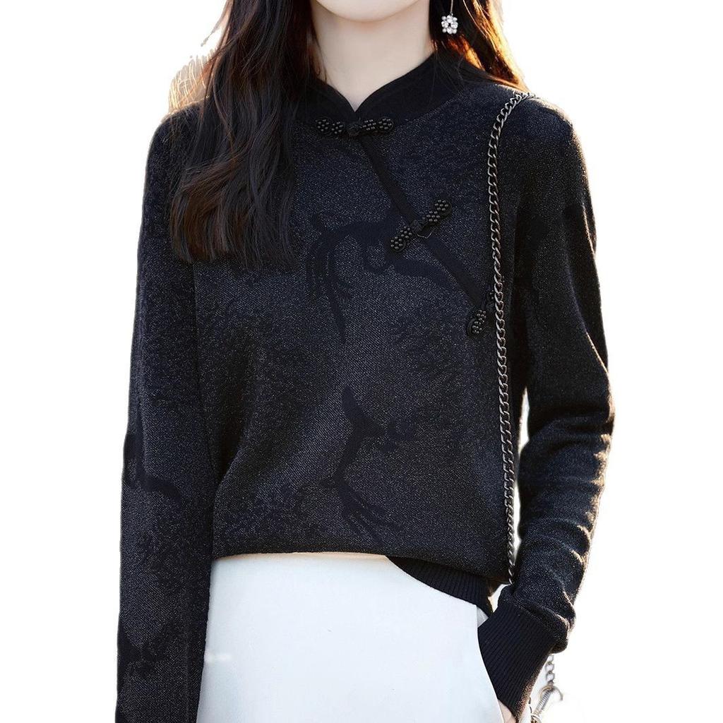 Chinese-style Knitted Sweater, Women's Button-up Floral Jacquard Stand-up Collar Spring Retro Base Layer