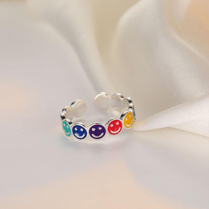 Fashionable Geometric Rainbow Smiley Face Ring For Women Unique 925 Sterling Silver Jewelry For Style Personal