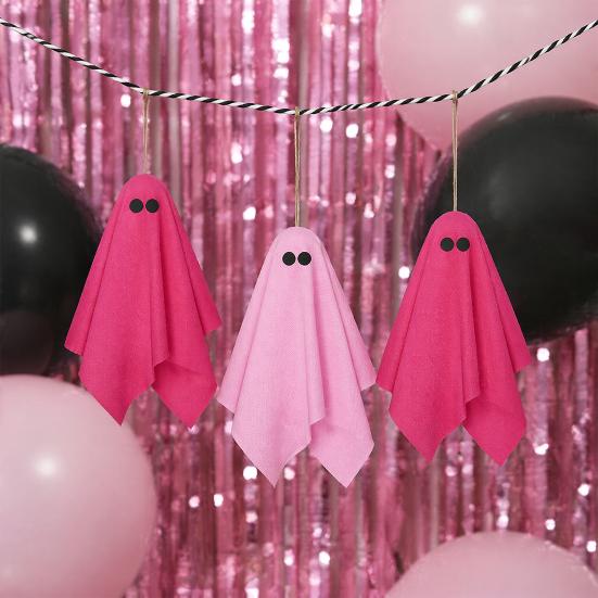 Whimsical Halloween Ghost Set Hanging Decor, Pastel Pink White Soft Matte Finish Pendant Fabric Ornaments, Cute Spooky Party Home Decor Aesthetic