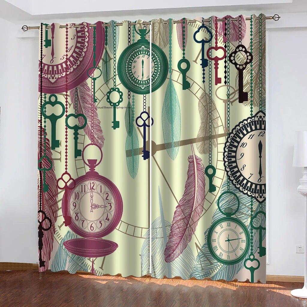 Steampunk Style Antique Composition Brass Fastening Round Print 3D Digital Printing Bedroom Living Room Window Curtains 2 Panels