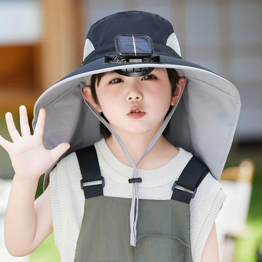 USB Charging Wide Brim Sun Cap Waterproof Sunshade Fan Cap Children's Solar Fan Hat  Boys