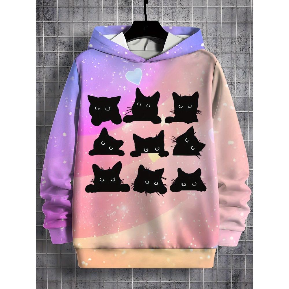 Girl Sweatshirt Pink Gradient Hoodie Cute Cat Print Spring Autumn Casual Pullover Long Sleeve Kids Clothing Top