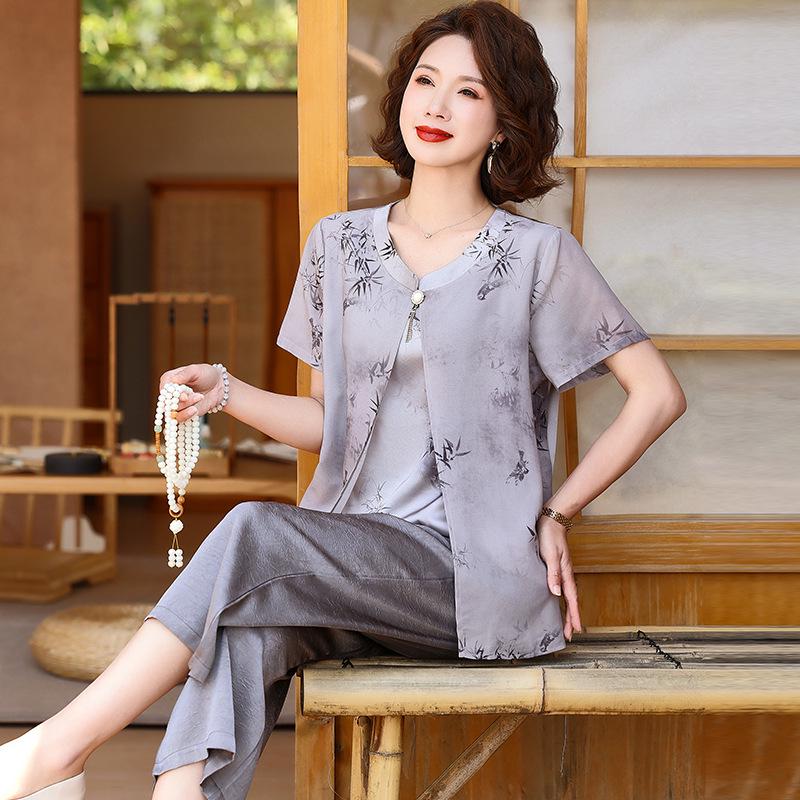 

Летний шифоновый блузочный комплект для мамы: Модный свободный костюм-двойка для женщин среднего и пожилого возраста 6XL