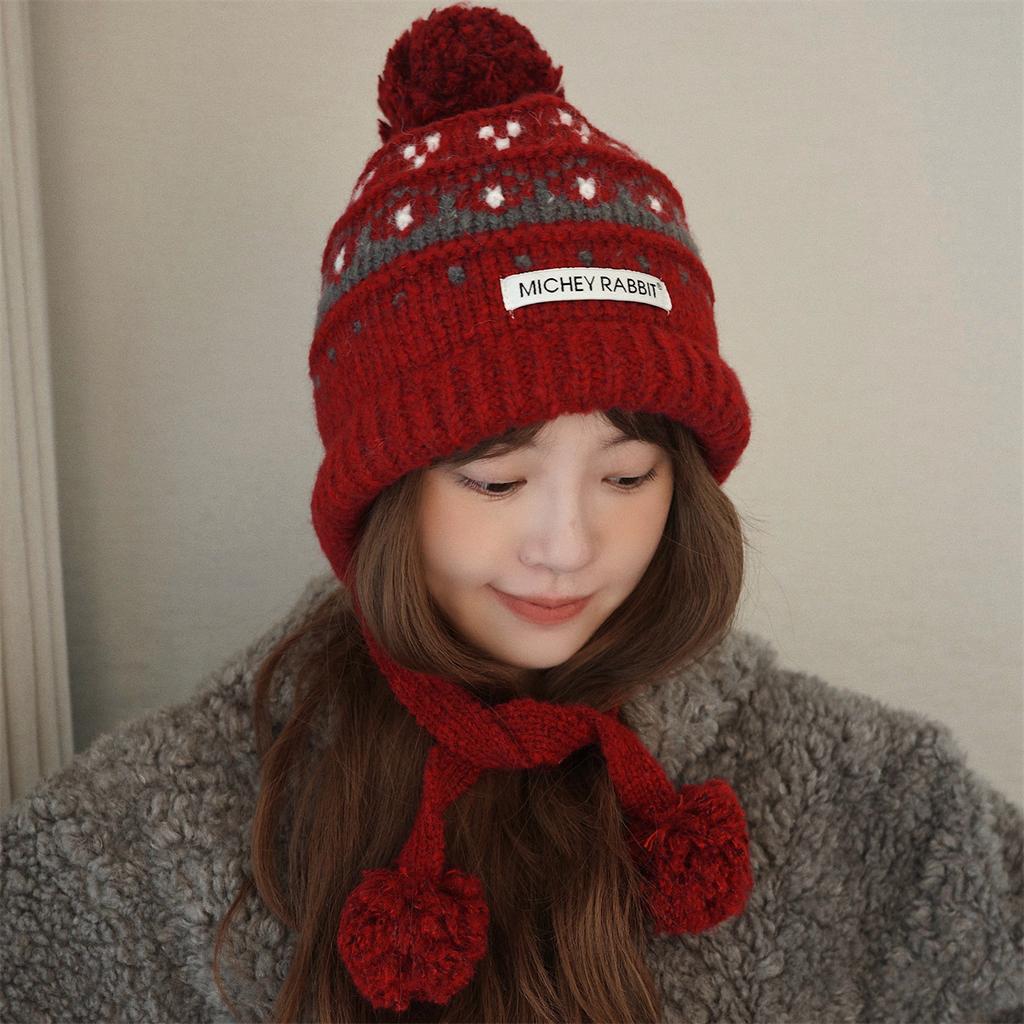 Vintage Hat Fair Island Hairball Knitted Hat Women's Winter Warm Ear Protection Lei Feng Hat Thickened Red Wool Hat